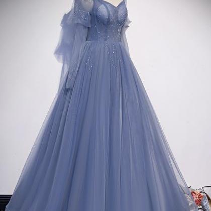Blue Tulle Long Prom Dress A Line Evening Dress