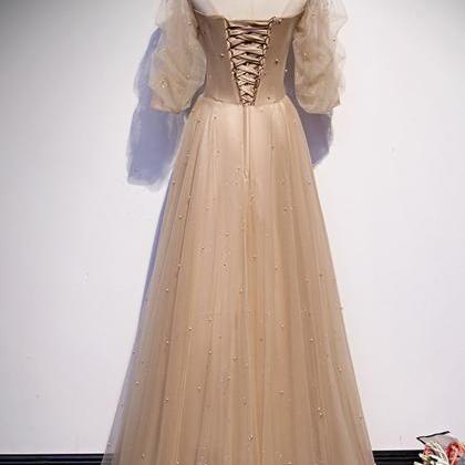 Pretty Strapless Tulle Beaded A Line Long Evening Dress Birthday Prom Dresses SP2051