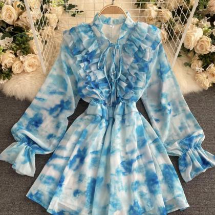 Blue A Line Long Sleeve Dress Fashion Dress