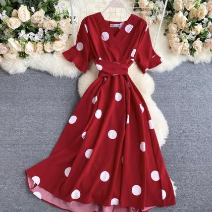 Simple v neck polka dot dress fashion dress  646