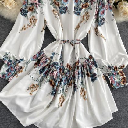 Cute A Line Floal Dress Long Sleeve Dress