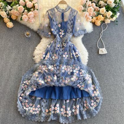 Blue Lace Long A Line Dress Fashion Dress