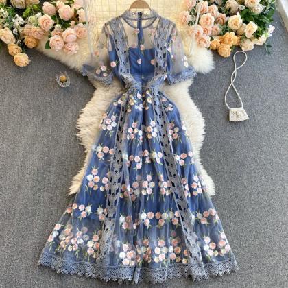 Blue Lace Long A Line Dress Fashion Dress
