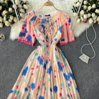 Sweet Printed Chiffon Dress A Line Pleated Dress