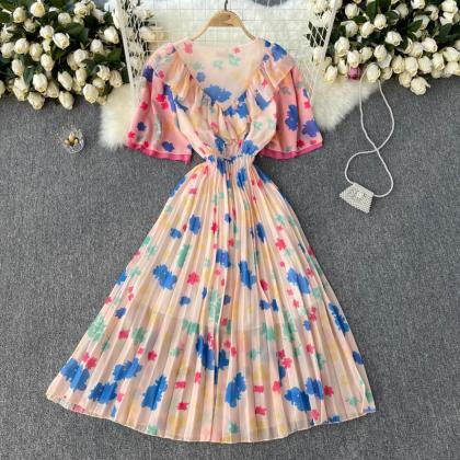 Sweet Printed Chiffon Dress A Line Pleated Dress