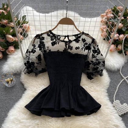 Black Lace Short Sleeve Tops