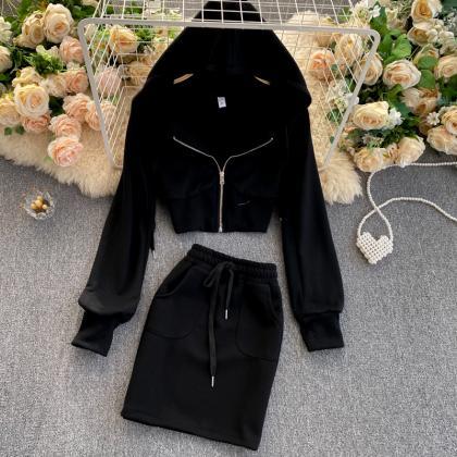 Casual Hooded Cardigan Jacket Short Skirt With..