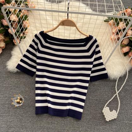 Summer Style Retro Striped Knitted Short-sleeved..
