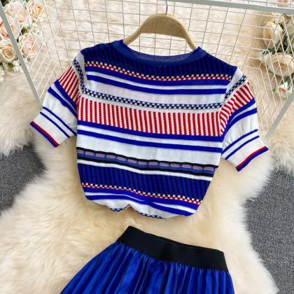 Two-piece Round Neck Sweater Top + Pleated Skirt