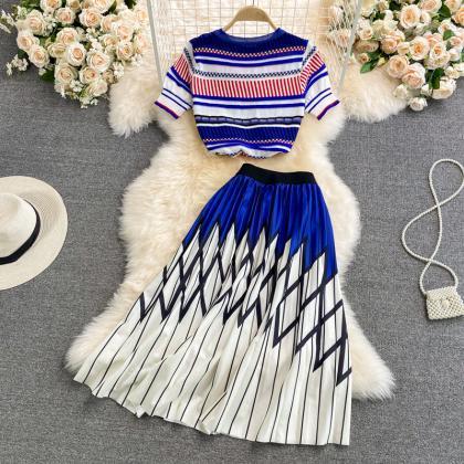 Two-piece Round Neck Sweater Top + Pleated Skirt