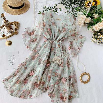A Line V Neck Floral Dress Fashion Dress