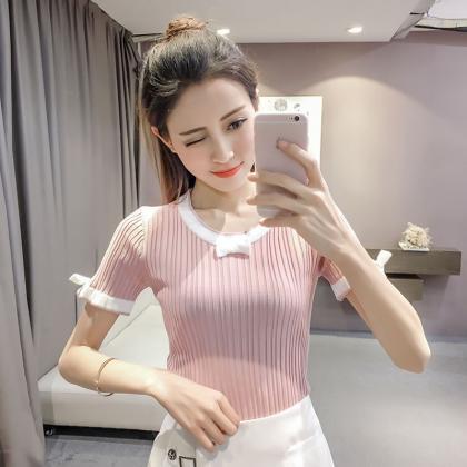 Cute Round Neck Short-sleeved Bow T-shirt