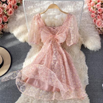 Cute A Line Floral Short Dress Pink Dress