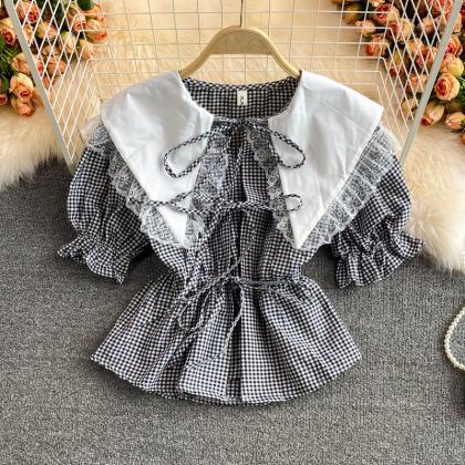 Sweet Plaid Lace Top Cute Tops