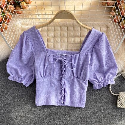 Cute Puff Sleeve Top Lace Up Tops