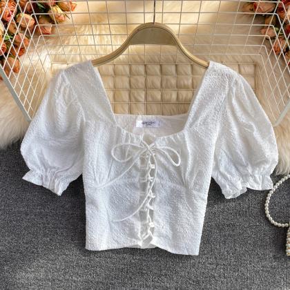 Cute Puff Sleeve Top Lace Up Tops