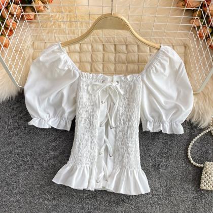 Retro Puff Sleeve Top Lace Up Crop Top