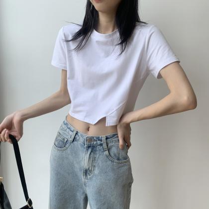 Simple White Short T Shirt Black Navel T Shirt