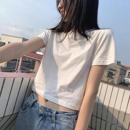 Simple Short White T-shirt Black Navel Tshirt