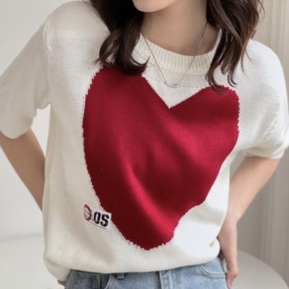Cute Heart Knitted Short Sleeve Top