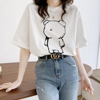 Cute Bear Round Neck Short Sleeve T-shirt