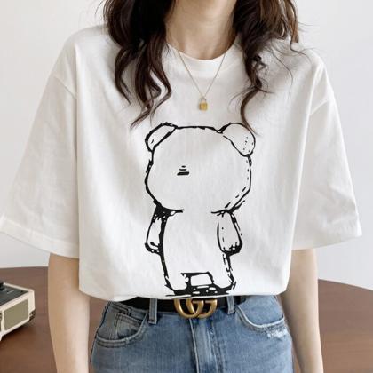Cute Bear Round Neck Short Sleeve T-shirt