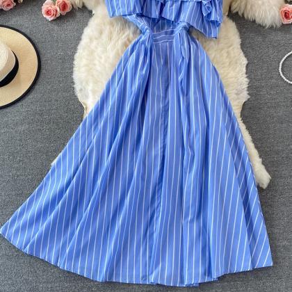 Cute Blue Stripe Dress One Shoulder Dress