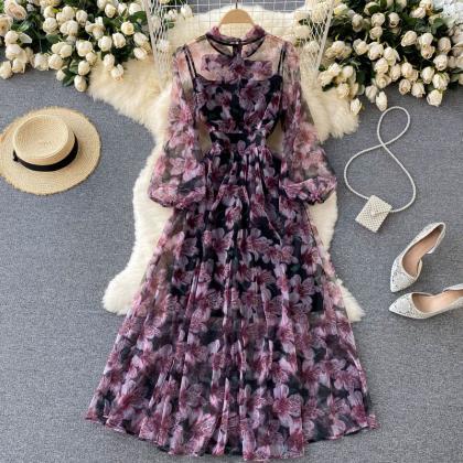 Cute A Line Long Sleeve Floral Dress Fashion Dress