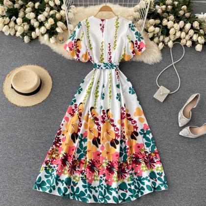 Cute A Line V Neck Floral Dress Fashion Dress