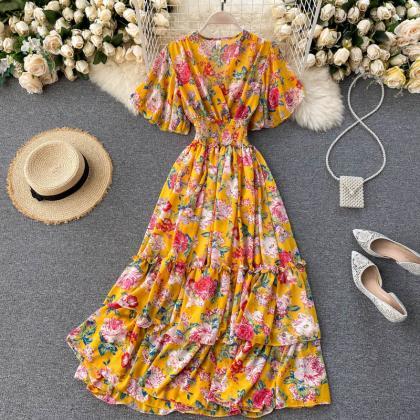 Cute V Neck Floral Dress A Line Fashion Dress