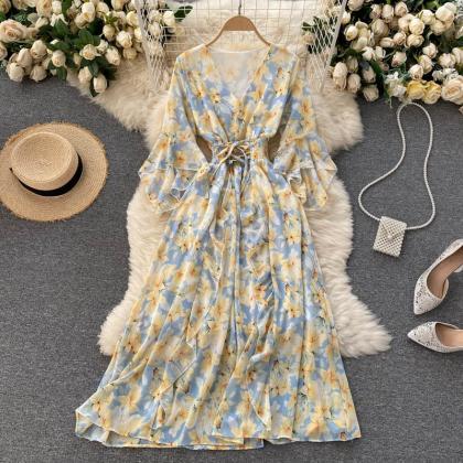 Cute V Neck Floral Dress A Line Fashion Dress