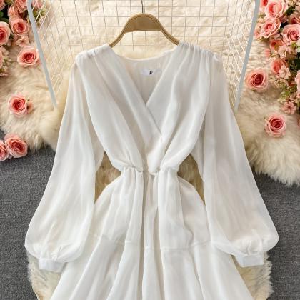 White V Neck Long Sleeve Dress Fashion Dress