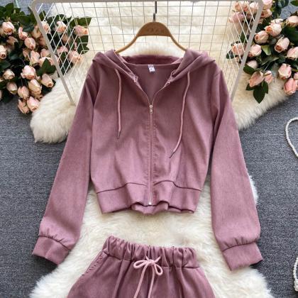 Cute Long-sleeved Hoodie + Shorts Two-piece Suit