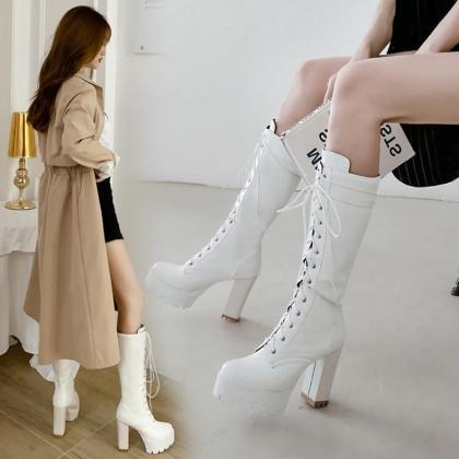 Fashionable Thick Heel Lace-up High Heel Boots