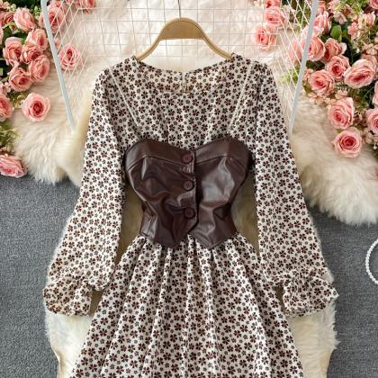 Lovely Floral Long-sleeved Dress With Vest