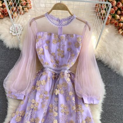 Purple Lace Tulle Long Sleeve Dress Fashion Dress