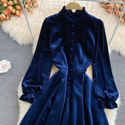 Blue Velvet Long Sleeve Dress Autumn Coat
