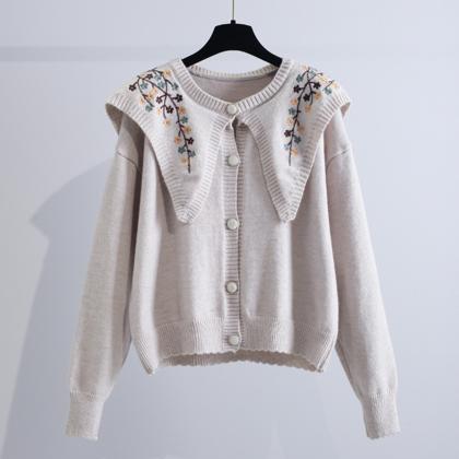 Cute Embroidered Long-sleeved Cardigan Sweater