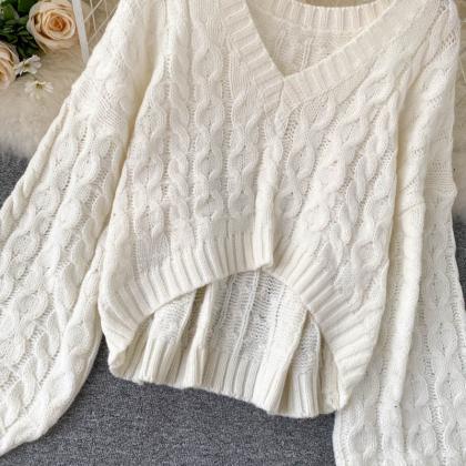 Vintage Twist Knit Top V Neckline Long Sweater