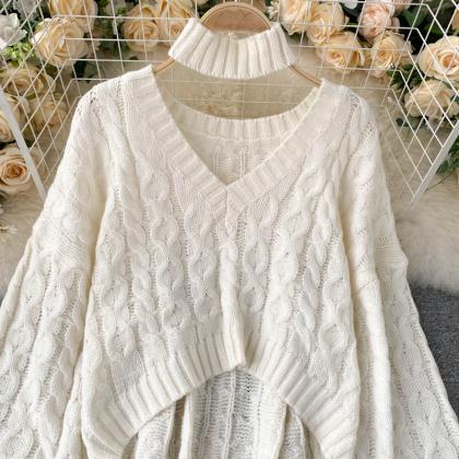 Vintage Twist Knit Top V Neckline Long Sweater