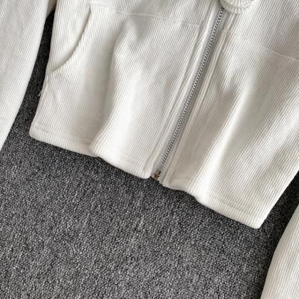 Fashionable Autumn Long-sleeved Short Jacket White..
