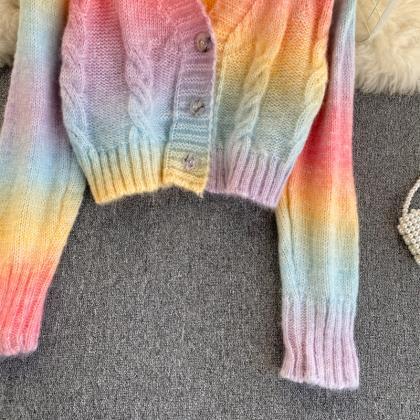 Rainbow Cardigan Long Sleeve Short Sweater