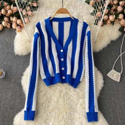 Simple Striped Long-sleeved Short Cardigan Sweater