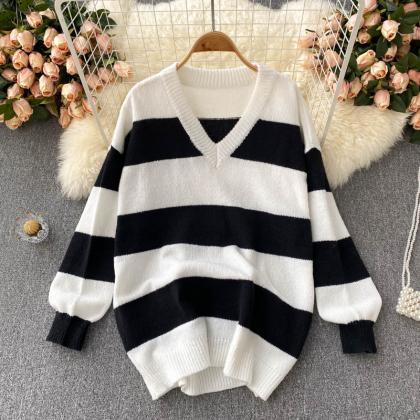 Simple V-neck Knitted Top Long Sleeve Sweater