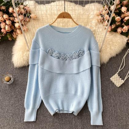 Lovely Flowers Long Sleeve Sweater Round Neck..