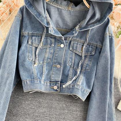 Fashionable Denim Long-sleeved Top And Hooded..