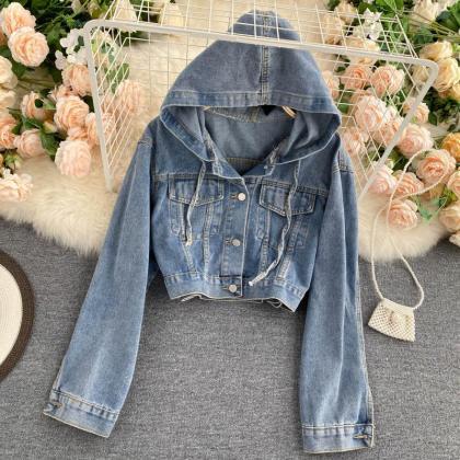 Fashionable Denim Long-sleeved Top And Hooded..