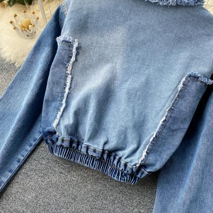 Chic Denim Long-sleeved Cropped Top