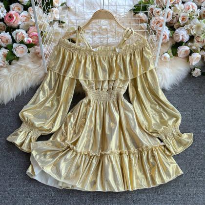 Gold Long Sleeve Dress A Line Fashion Dress