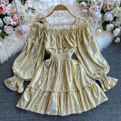 Gold Long Sleeve Dress A Line Fashion Dress